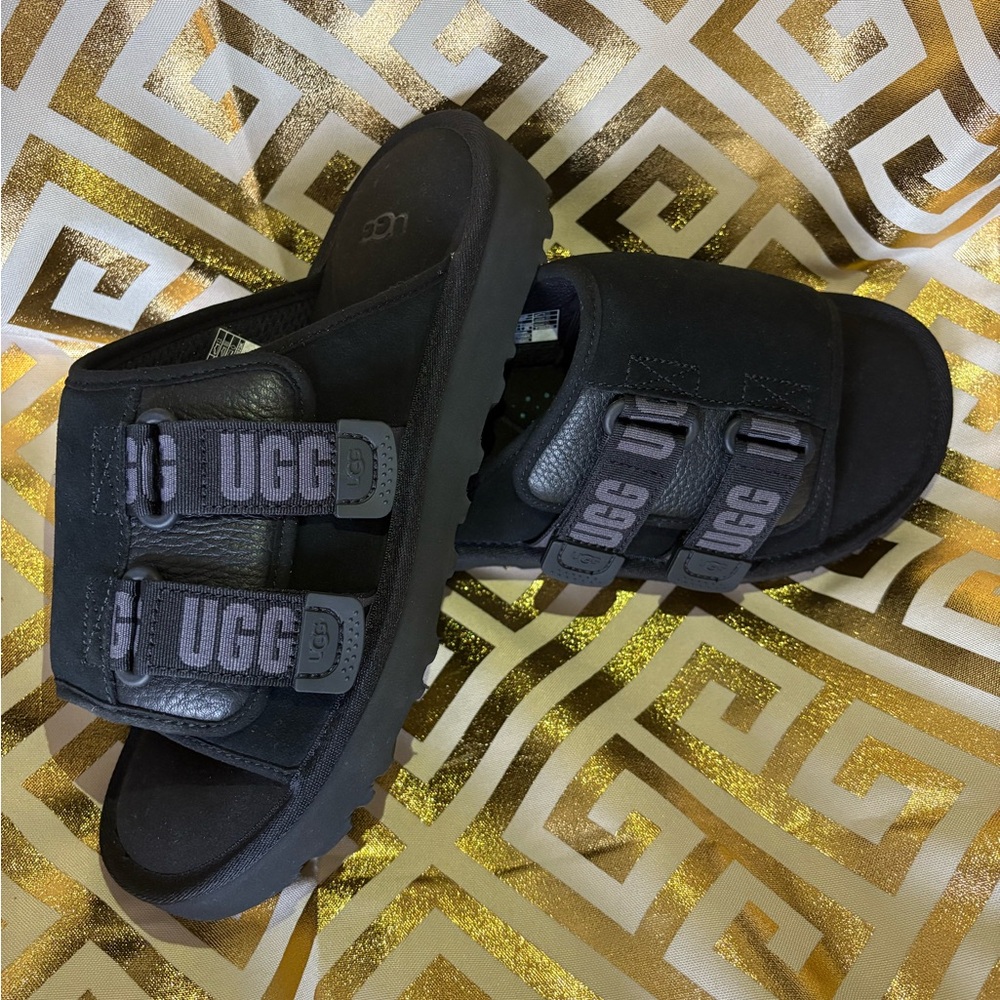 UGG Black Sandals with Fuzzy Adjustable Straps